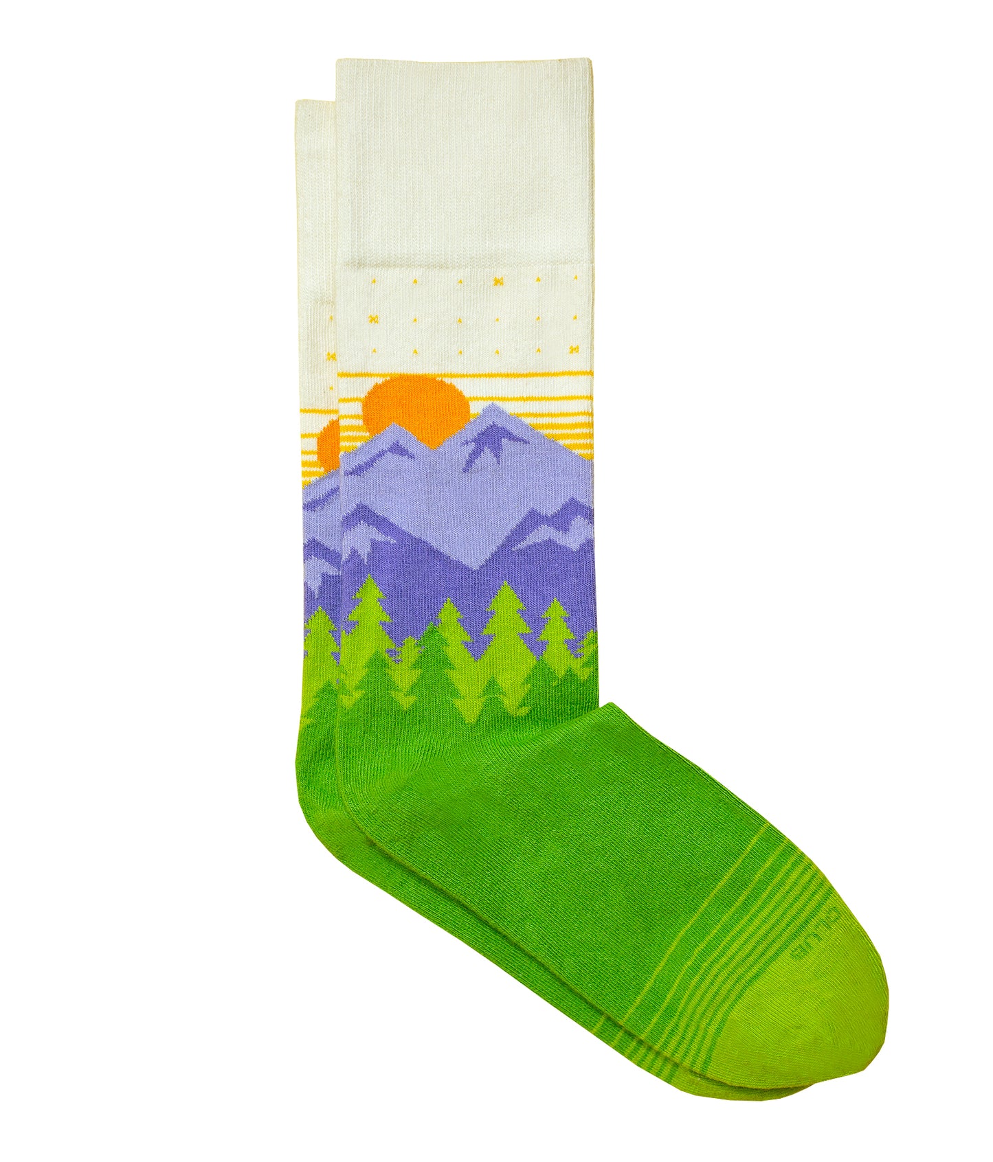 The Yellowstone sock in the Natural color variation. The sock features a mountain and forest vista.