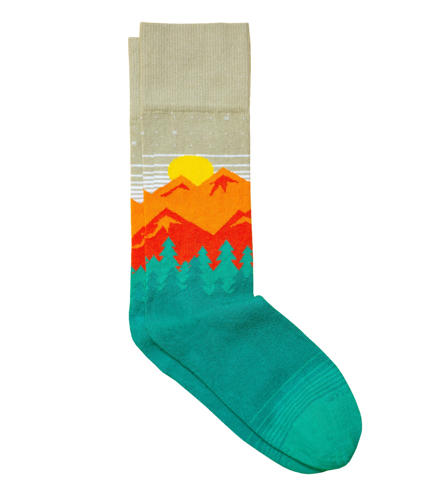 The Yellowstone sock in the Sand color variation. The sock features a mountain and forest vista.